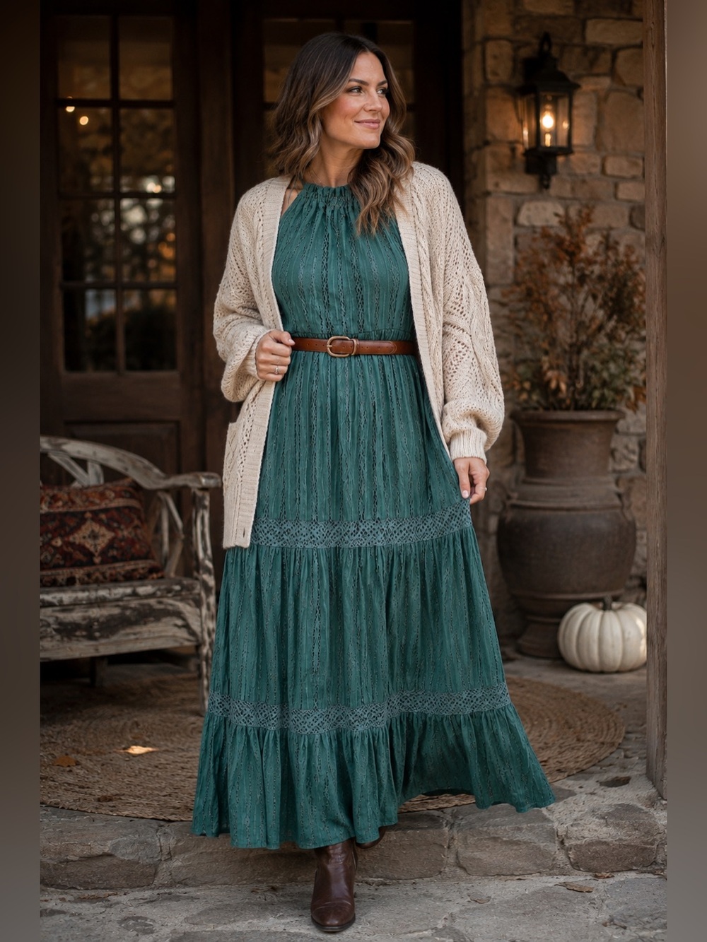NEW Emerald Green Boho Tiered Lace Halter Maxi Dress L/XL